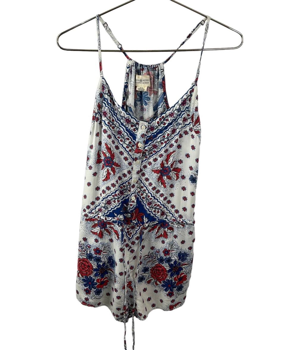 Denim & Supply White Red Blue Print Spaghetti Strap Tie Waist Romper Size XS